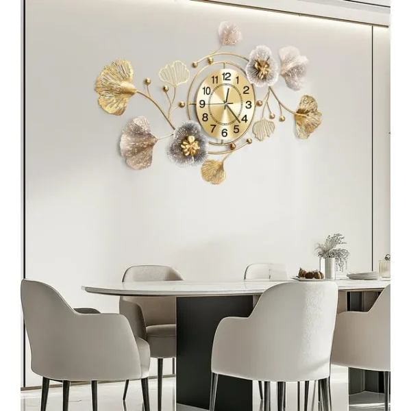 32" Large Ginkgo Leaf Wall Clock – 3D Metal, Silent, Modern Decor