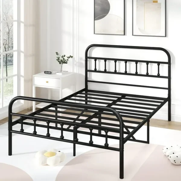 UHOMEPRO Full Size Metal Bed Frame with Headboard – Black