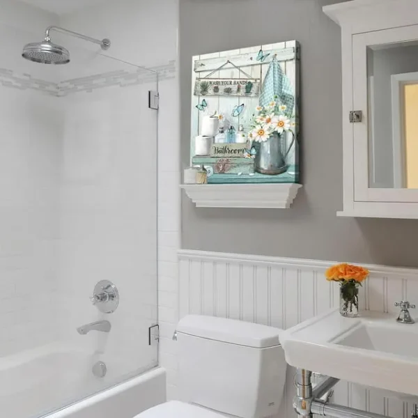 Teal Farmhouse Bathroom Decor – Vintage Flower & Butterfly Wall Art