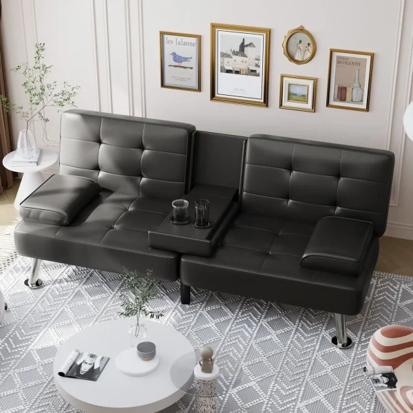 Furmax Folding Faux Leather Couch with 2 Cup Holders