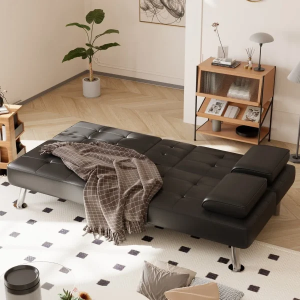 Furmax Folding Faux Leather Couch with 2 Cup Holders