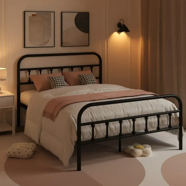 UHOMEPRO Full Size Metal Bed Frame with Headboard – Black