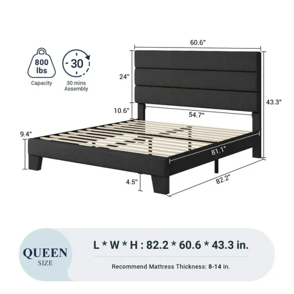 Allewie Queen Upholstered Platform Bed Frame – Dark Grey