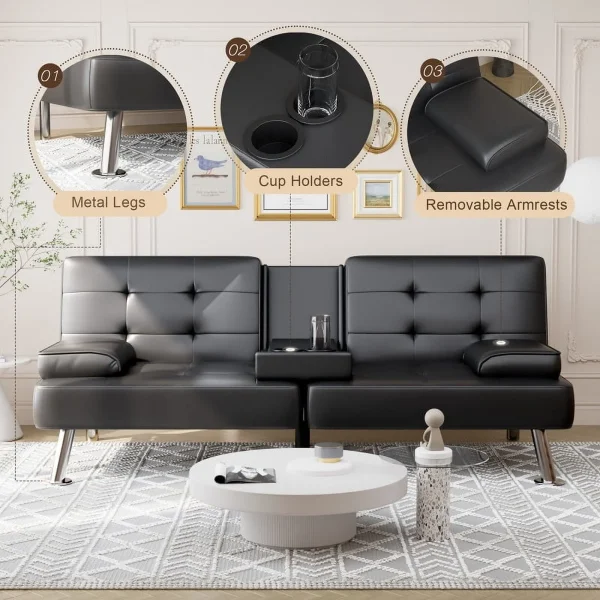 Furmax Folding Faux Leather Couch with 2 Cup Holders