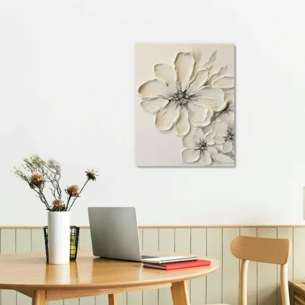 COMIO Textured White Flower Artwork – Modern Floral Canvas Decor