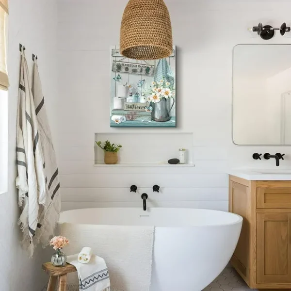 Teal Farmhouse Bathroom Decor – Vintage Flower & Butterfly Wall Art