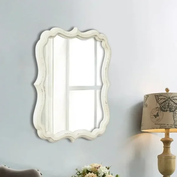 Sintosin Rustic Wall Mirror – White Scalloped Wooden Frame (12"x15")