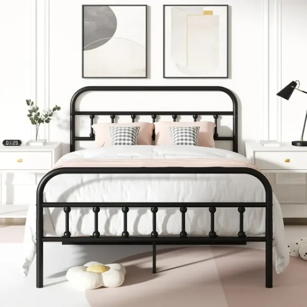 UHOMEPRO Full Size Metal Bed Frame with Headboard – Black