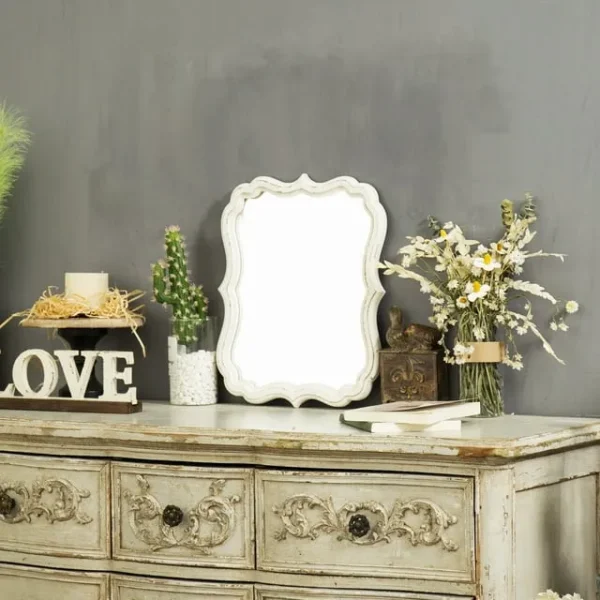 Sintosin Rustic Wall Mirror – White Scalloped Wooden Frame (12"x15")