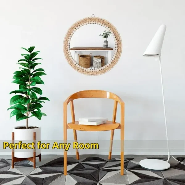 MEHOOM 15" Round Rattan Wall Mirror – Boho Hanging Mirror for Farmhouse Decor