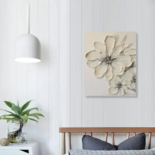 COMIO Textured White Flower Artwork – Modern Floral Canvas Decor