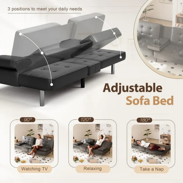 Furmax Folding Faux Leather Couch with 2 Cup Holders