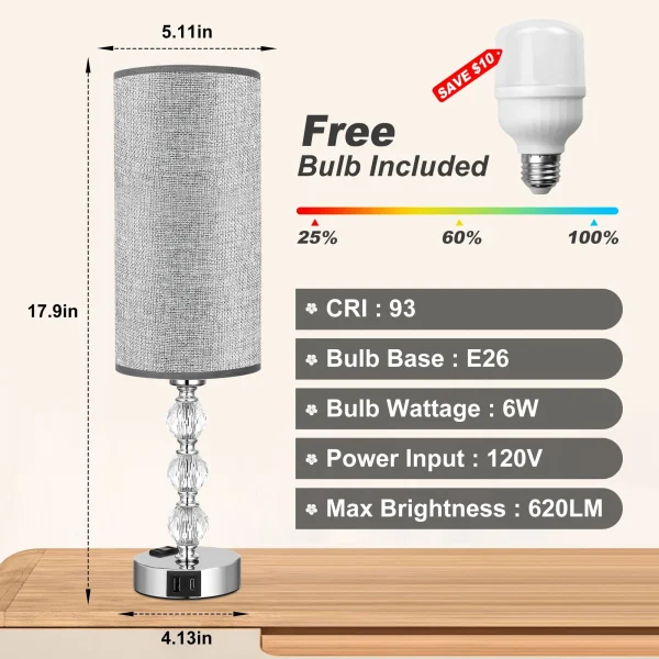 Crystal Table Lamp 17.9", 3-Way Dimmable with Touch Control, Bulb Included